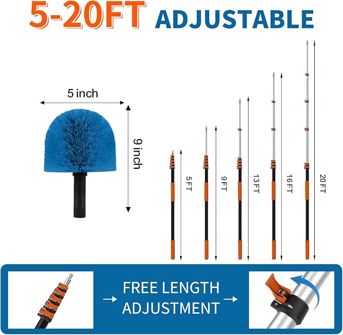 Cobweb Duster with Extension Pole, Dense Soft Bristles & Efficient Dust Removal, High Reach Cleaning 5-20FT Adjustable to 26FT, Indoor Outdoor for Ceilings/Corners/Fans