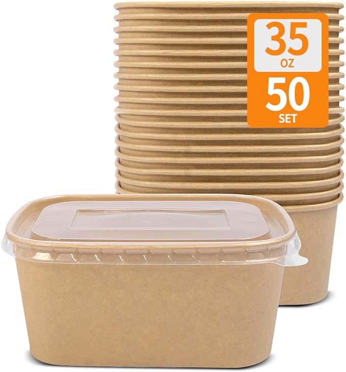 Celel 35 oz Paper Food Containers with Lids 50 Pack Meal Prep Containers | Disposable To Go Food Containers, Soak Proof, Microwavable and Freezer Friendly for Hot/Cold Use, 50 Bowls 50 Lids