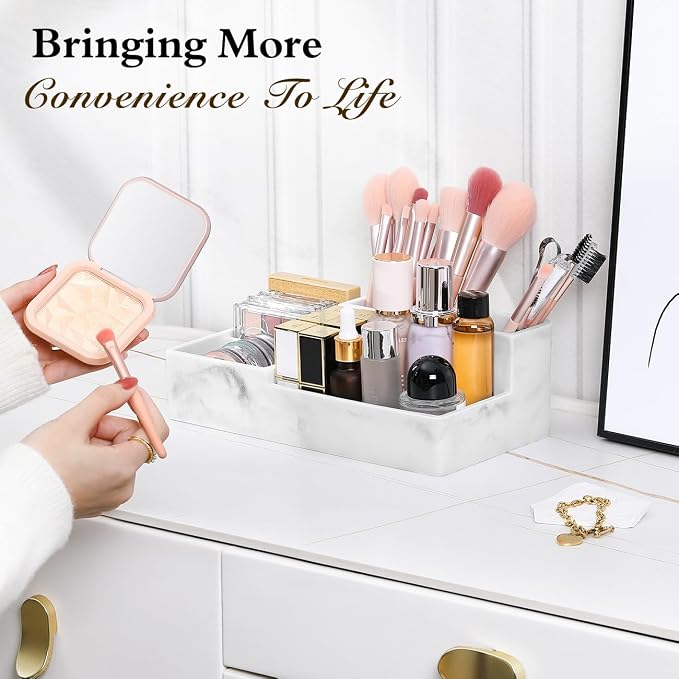 Luxspire Bathroom Counter Organizer with Lid, 6 Slots, Gravel White | Bathroom Vanity Organizer, Bathroom Organizer Countertop for Cotton Ball, Q-Tips, Floss