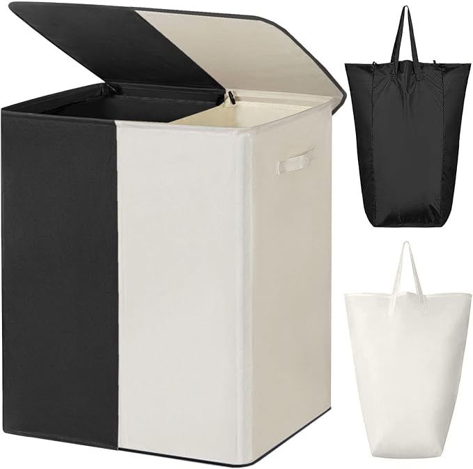 WOWLIVE Double Laundry Hamper with Lid, 154L Large Laundry Basket Organizer | Collapsible Dirty Clothes Hamper 2 Section, with Removable Laundry Bags for Laundry Room, College Dorm, Black and Beige