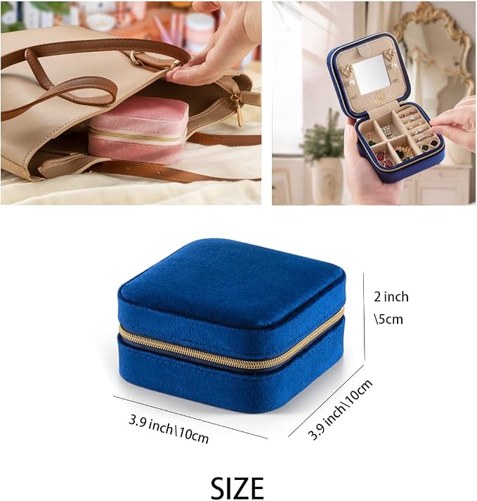 ZPROW Plush Velvet Travel Jewelry Case, Travel Jewelry Organizer, Jewelry Travel Case, Travel Jewelry Box, Small Jewelry Case, Jewelry Travel Box, Earring Organizer with Mirror - NavyBlue 4packs