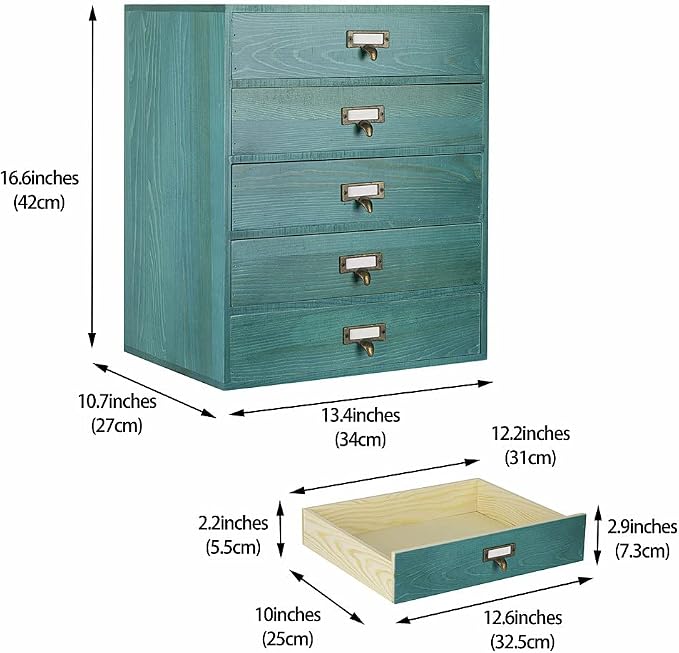 GoooodGIFT Wooden Drawers Large Wooden Box with Drawer, Blue | 5 Drawer Wood Storage Box , Vintage Desktop Organizer with Drawers, Desk Organizers for Library Card Catalog Cabinet