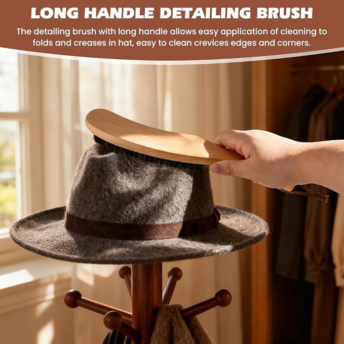 4-Piece Horsehair Felt Hat Brush Kit with Cleaning Sponge and Lint Remover, Cowboy Hat Brushes with Long Handle for Suits, Wool, Cashmere, Lint Removal & Felt Hats Cleaning