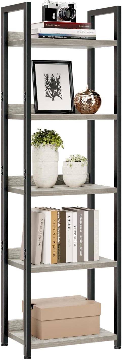 NUMENN Narrow Bookshelf, 5 Tier Freestanding Shelving Unit, Grey | Metal Frame & Wood Shelves, Falling Prevention Baffle, Open Storage Bookcase for Bedroom, Living Room & Home Office