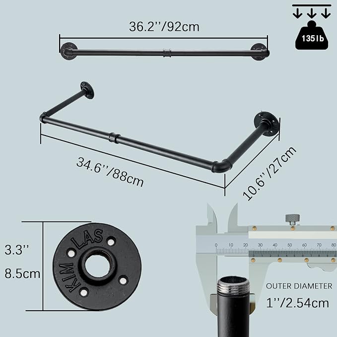 Industrial Pipe Clothes Rack with 3 S-Shaped Hooks, 36’'L Wall Mounted Garment Rack, Heavy Duty Iron Garment Bar, Clothes Hanging Rod Bar for Laundry Room, Max Load 135Lb Black (2 Package)