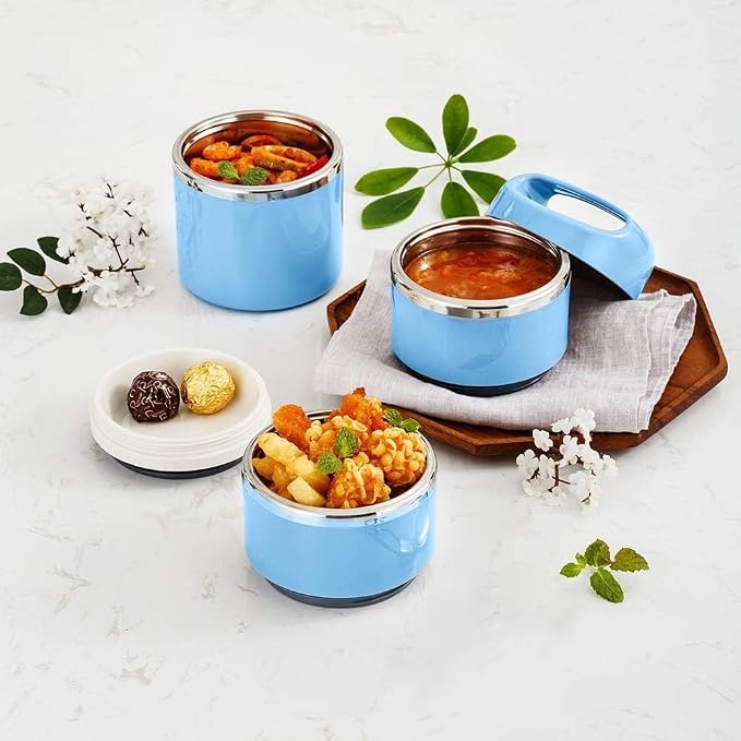 Lille Home Stackable Stainless Steel Thermal Compartment Lunch/Snack Box, 3-Tier Insulated Bento/Food Container with Lunch Bag, Utensils Set and Three Extra Seals, 43OZ (Blue with Utensils)