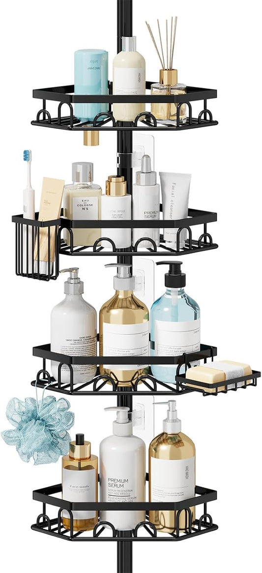 Consumest Shower Caddy Tension Pole - 4 Tier Corner Shower Shelves with Brush & Soap Holder, 304 Stainless Steel Rustproof Adjustable Organizer Rack for Bathtub, Bathroom, 27.6-108.3 Inch, Black