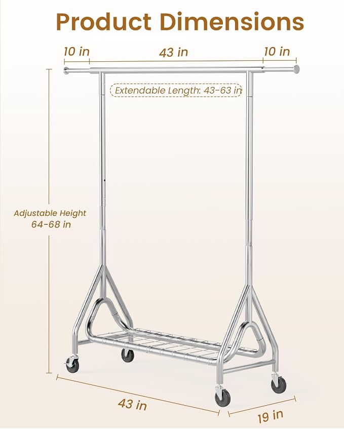 Heavy Duty Clothing Rack, Metal Clothes Rack Load 450 LBS, Rolling Coat Racks for Hanging Clothes with Lockable Wheels, Wardrobe Closet Garment Racks for Bedroom, Silver