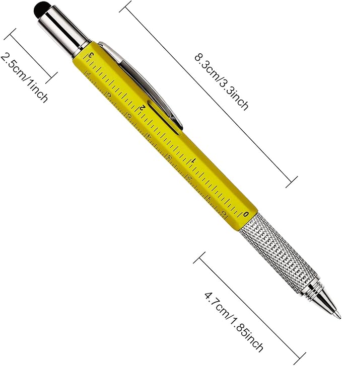 Zhanmai 8 Pcs 6 in 1 Multitool Pen Bulk Gift for Men Multi Tool Ballpoint Pen with Ruler Level Screwdriver Stylus Cool 20 Ink Refill Tool Gadget Birthday Christmas Stocking Stuffers for Adult (Yellow)