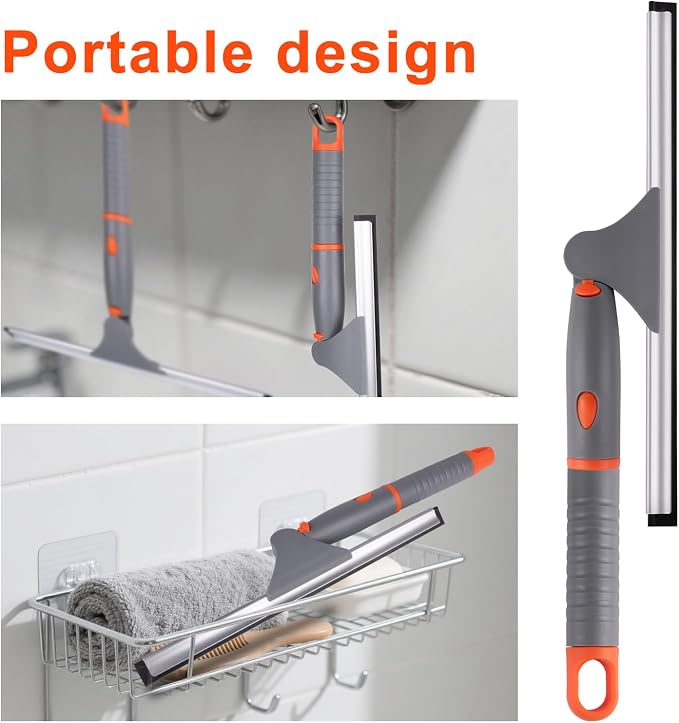 Swivel Shower Squeegee for Glass Doors, All-Purpose Anti-Slip Window Squeegee with 2 Blades, Window Cleaner Tool Bathroom Squeegee for Shower Doors, Tile Shower Walls，Mirrors,Car Windshields