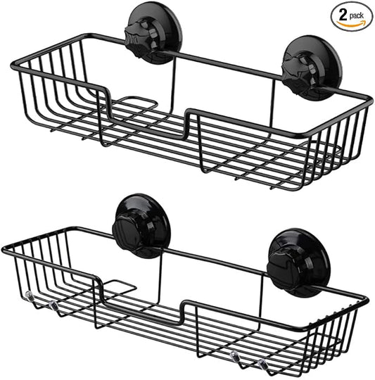 SANNO Suction Cup Shower Caddy Bathroom Caddies Storage Combo Organizer, No Damage Suction Cup,Rustproof Wire Basket for Kitchen Bathroom, Black,pack of 2