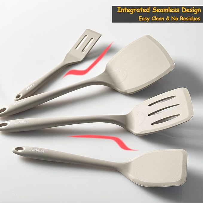 Silicone Spatula Set, 600°F Heat Resistant Silicone Spatula Turner Flipper for Cooking, Non Stick and Non Scratch Kitchen Utensils for Eggs & Pancakes, 4 Pack,Khaki
