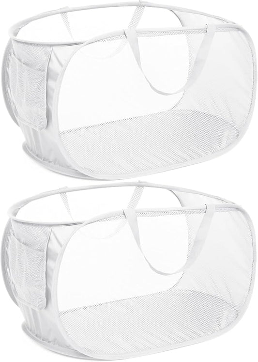 Strong Mesh Pop Up Laundry Basket, Collapsible Laundry Hamper with Side Pocket, Foldable Clothes Hamper with Durable Reinforced Handles for Laundry, Bathroom, Kids Room, Dorm or Travel 2 Pack White
