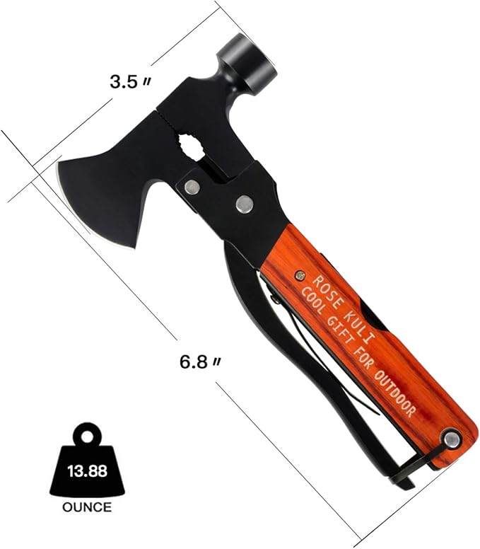 Camping Multitool Axe Hammer, 18 in 1 Multitool Hatchet | Mini Tools with Axe Hammer Plier Set Wooden Handle for Camping Hiking Outdoor Survival Gear Kit, Gift for Men Dad