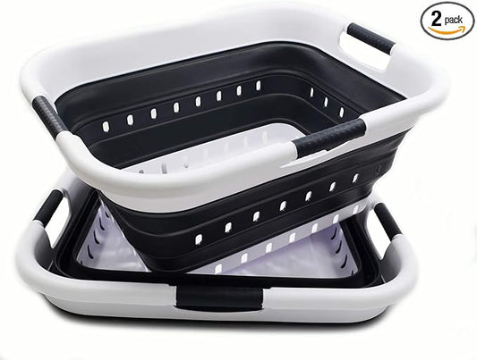 SAMMART 41L (10.8 gallon) Set of 2 Collapsible 3 Handled Plastic Laundry Basket-Foldable Pop Up Storage Container/Organizer-Space Saving Hamper/Basket (2, Black)