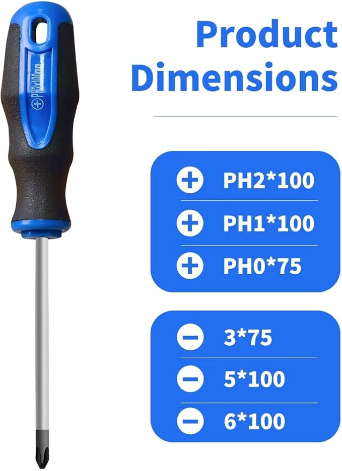6PC Magnetic Tip Screwdriver Set, 3 Phillips and 3 Flat | 3 Phillips and 3 Flat, Professional Cushion Grip, 6-Piece Hand Tools Set