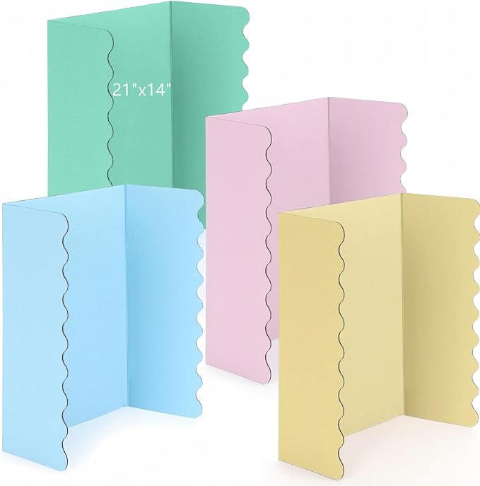 Mooliwe 4 Pack 21" x 14" Colored Trifold Poster Board, Mini Foldable Corrugated Presentation Display Board with Scalloped Border for Science Fair Events, School Projects, Back to School Supplies