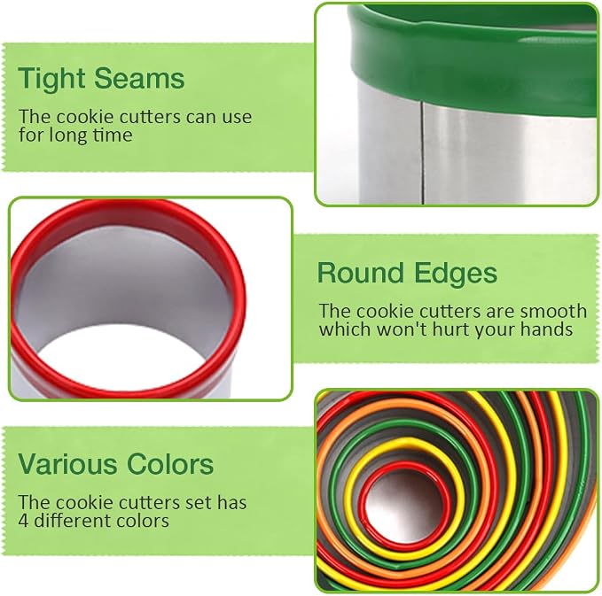 Alimat PluS Round Cookie Biscuit Cutter Set, 12 Pack Pastry Cutters in Graduated Sizes for Donut, Dough, Fondant, Clay, Stainless Steel Circle Cutter Cake Ring Molds with Colorful Rubber Coating