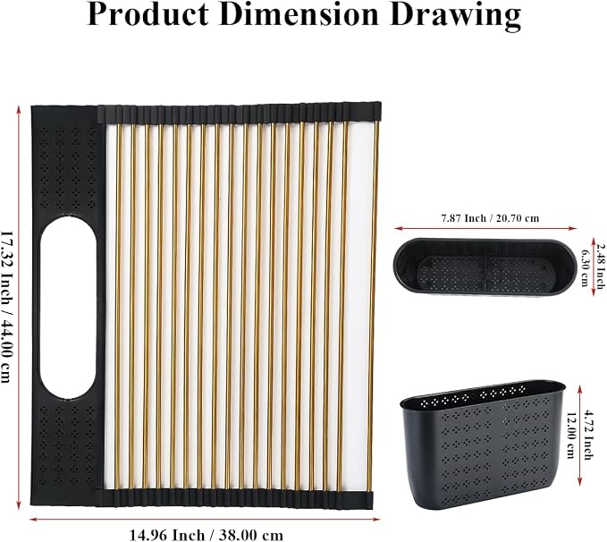 Berglander Gold Dish Drying Rack Over The Sink, L17.5*W 15" Rollable Tianium Golden Plating Stainless Steel Dish Rack with Removable Storage Basket, Perfect for Kitchen Sink