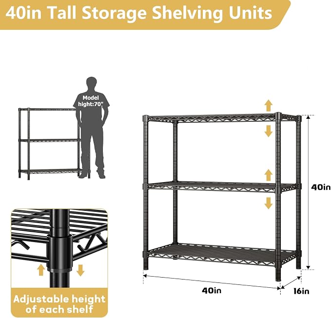 ROOMTEC 3-Tier Wire Shelving Unit,40" W*16" D*36" H,Max Load 1200 lbs | Small Garage Shelves,Adjustable Storage Rack, Metal Shelf for Kitchen, Pantry, Laundry Room, Basement
