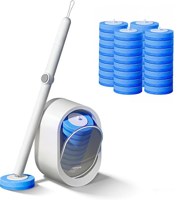 SOPAMI Disposable Toilet Brush with 32 Refills Deep Cleaning Touch Free | Auto Lid Opener Wall-Mounted Toilet Wand Kit for Deep Cleaning Bathroom Touch Free Access Toilet Bowl Cleaner