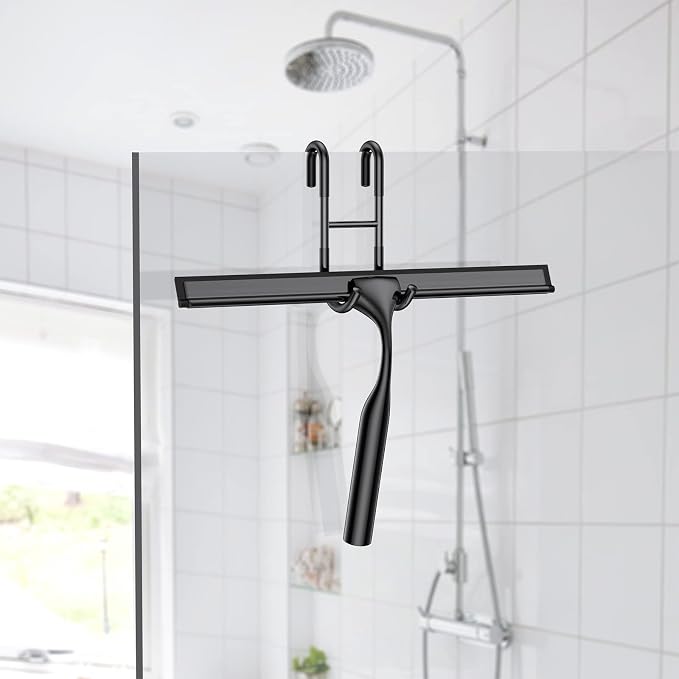Shower Squeegee for Glass Doors, 10-Inch Stainless Steel Squeegee Bathroom Doors Mirror Car Windows with Matching Hooks Holder and Replacement Blade (Black)