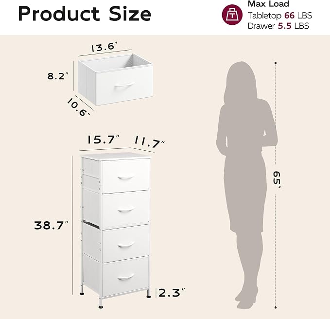WLIVE Dresser with 4 Drawers, Storage Tower, Organizer Unit, Fabric Dresser for Bedroom, Hallway, Entryway, Closets, Sturdy Steel Frame, Wood Top, Easy Pull Handle, White