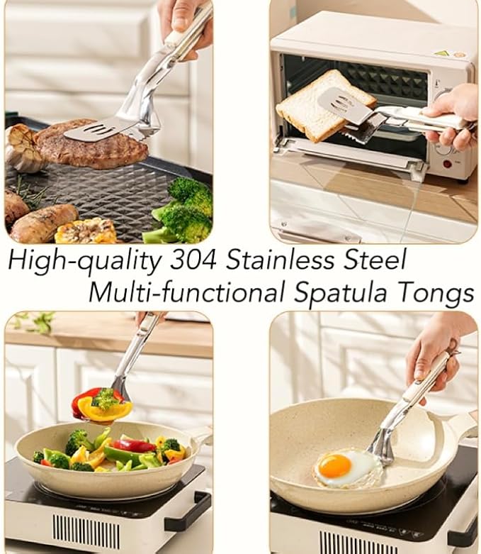 13.5-inch grill spatula cooking tongs, made of Premium 304 stainless steel, can be used to flip and cut food, making them the ideal outdoor gift for barbecue enthusiasts.(White)