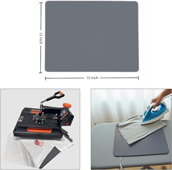 Silicone Heat Press Mat 15x12 Inch, Heat Resistant & Fireproof, Double Sided Washable Heat Press Pad for Vinyl Ironing HTV Transfer Sublimation & Crafting Projects,Gray