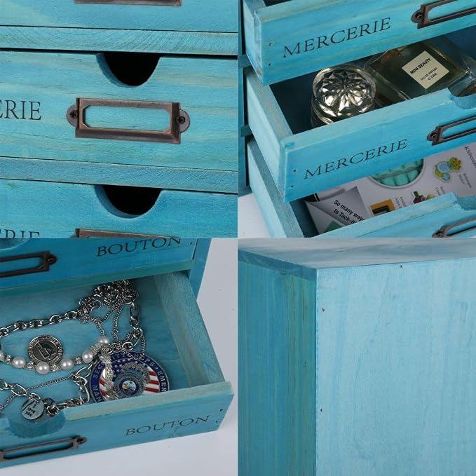 Wooden Storage Box with 5 Drawers Apothecary Drawers Vintage Wooden Drawers Wood Desktop Organizer with Drawer Library Card Catalog Cabinet Apothecary Cabinet （BLUE）