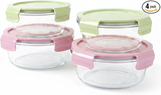 4 PACK 12oz & 22oz Round Glass Meal Prep Containers with Airtight Lids，Container Set,Food bowls for Leftover，Microwave, Dishwasher, Oven，and Freezer Safe