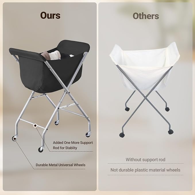 ELYKEN Laundry Basket with Wheels, Collapsible Laundry Hamper, Black | Removable Liner Bag, Foldable Design, Sturdy Metal Frame, 4 Casters, 32”H Laundry Cart for Bedroom, Bathroom & Laundry Room