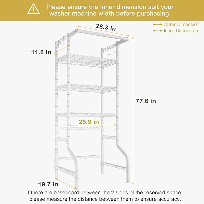 U11 Mini Over Washer and Dryer Shelves, 3 Tiers Laundry Room Storage and Organizer Standing Shelf, Metal Freestanding Clothes Drying Rack, 28.3”W x 19.7”D x 77.6”H, White