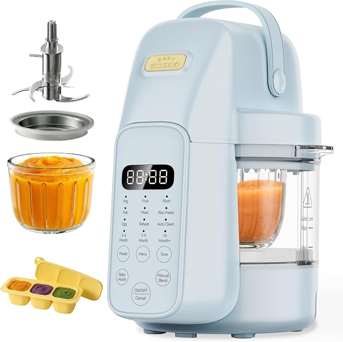 SosekiBaby Tutto Baby Food Maker with Glass Bowl One Step Baby Blender-Food Processor and Steamer Puree Grinder 316L Stainless Steel Blades Auto Cooking & Easy Cleaning-BPA-Free Blue