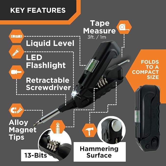 Kelvin Tools - Kelvin 17 Urban Screwdriver Set, All in One Everyday Multitool Screwdriver, Multi-Tip, Compact & Universal Precision, 13 Bit Set with Tape Measure, Liquid Level, Hammer and Flashlight