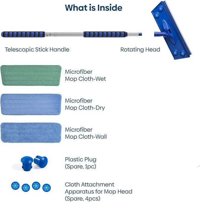Silva Microfiber Mop Set with Reusable Microfiber Pads (Wet/Dry/Wall) | 360 Rotating Mop Head | Sturdy, Extra Long, Adjustable Metal Pole | Ergonomic Soft-Sponge Handle | Blue | Floor, Wall, Tile