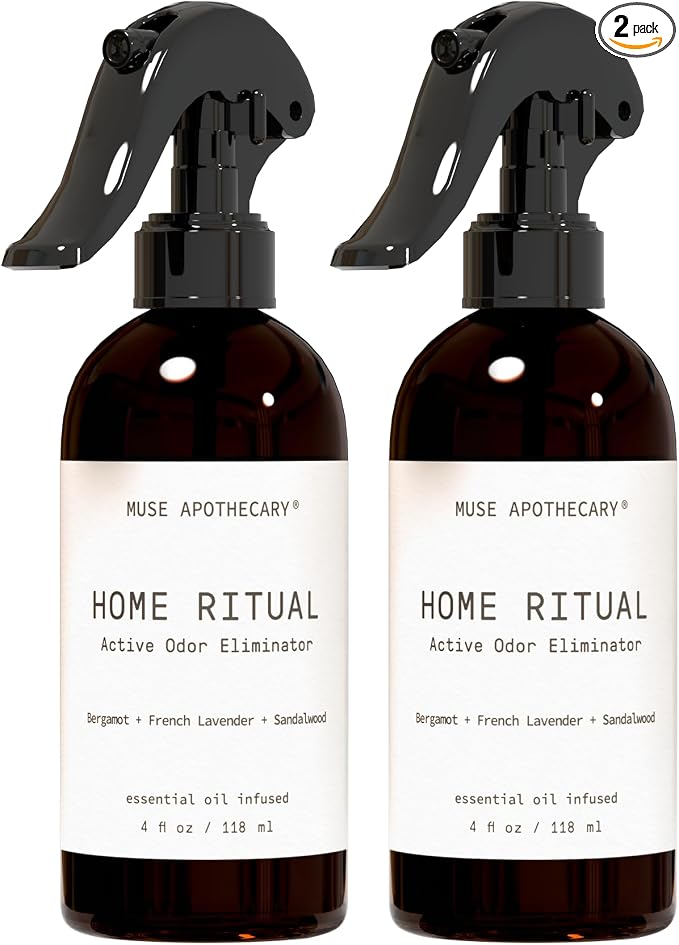 Muse Apothecary Home Ritual Active Odor Eliminator Spray - Furniture Deodorizer Spray & Bathroom Odor Eliminator for Home - Essential Oil Air Freshener - 4oz, Bergamot + French Lavender + Sandalwood