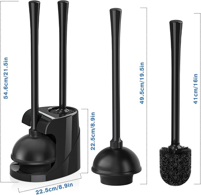 Toilet Plunger and Brush with Holder, Bowl Brush and Heavy Duty Toilet Plunger Set for 5.7-inch Toilet Drain, 2-in-1 Bathroom Cleaning Combo with Modern Caddy Stand (Black)