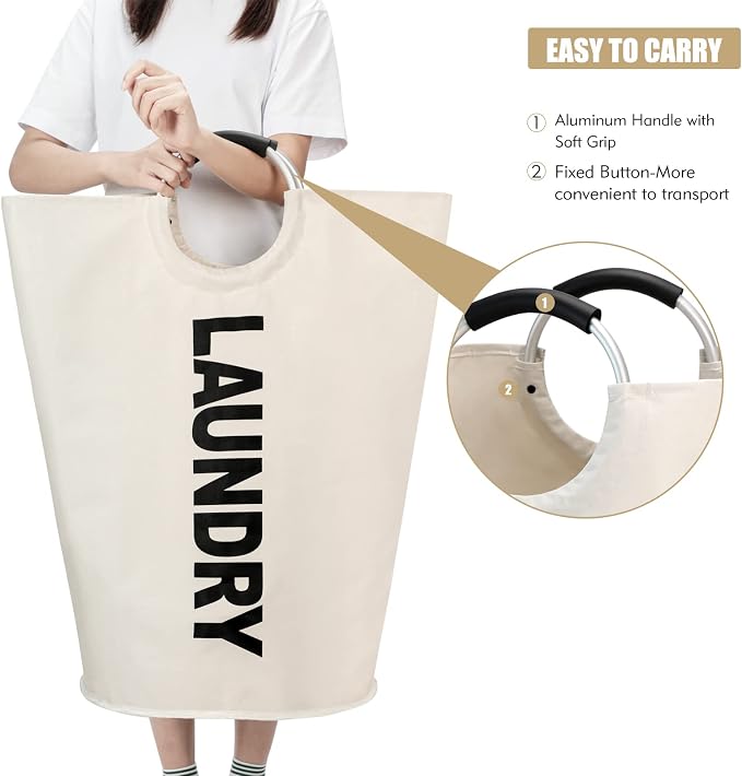 Maxsilan 90L Large Laundry Basket Bag, Collapsible Tall Hamper, Beige | Freestanding tall laundry bag & foldable washing basket. Large capacity clothes storage bin with durable sturdy handles