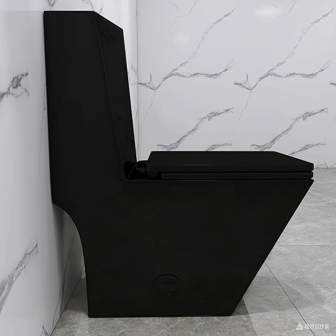 WinZo Square One Piece Toilet Black With Gold Button For Modern Bathroom,Diamond-shaped Sleek Design Elonagted Rectangle 17" Comfort Bowl,Glossy Black