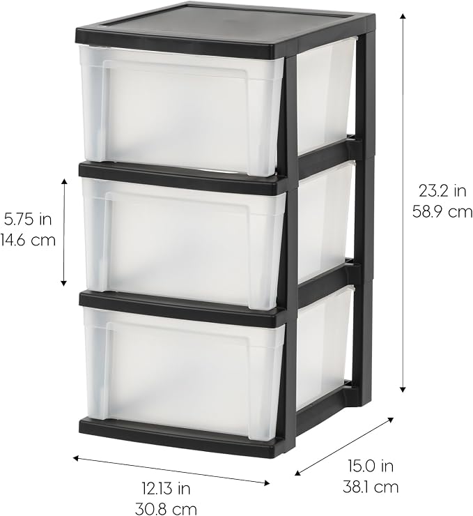 IRIS USA 3-Drawer Slim Narrow Storage Organizer, 2-Pack, Black/Clear | Organize craft supplies, school essentials, beauty items, and small household accessories with compact drawer storage