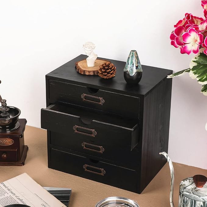 Small Wooden Drawers Wooden Box with Drawer Black | 4 Drawer Storage Box for Apothecary Cabinet, Apothecary Drawers，Desktop Organizer with Metal Handles for Office，Home