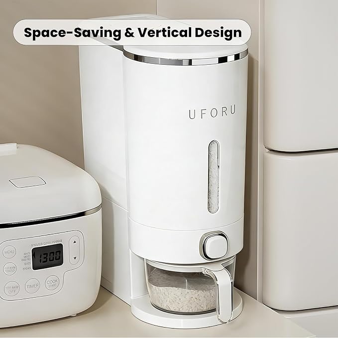 UFORU Rice Dispenser,23-25 Lb Rice Storage Container with Measuring Cup for Kitchen Pantry Household, Cereal Dry Food Storage Containers Airtight, Sealed Moisture Proof,White