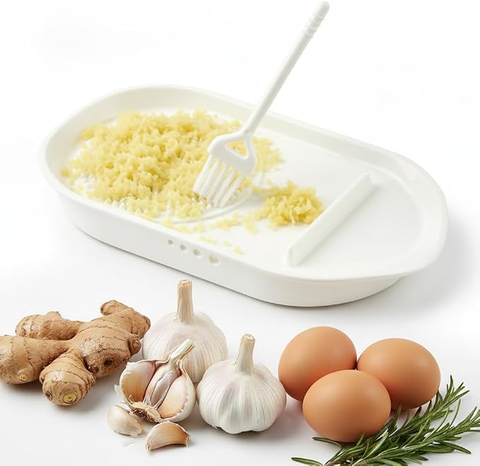 4 in 1 Porcelain Ginger Grater Plate with Egg Cracker, Spoon Rest and Herb Stripper, Ceramic Garlic Grater with Brush for Grinding Wasabi, Ginger, Garlic, Cheese 6.8" × 3.6"(Dishwasher Safe)