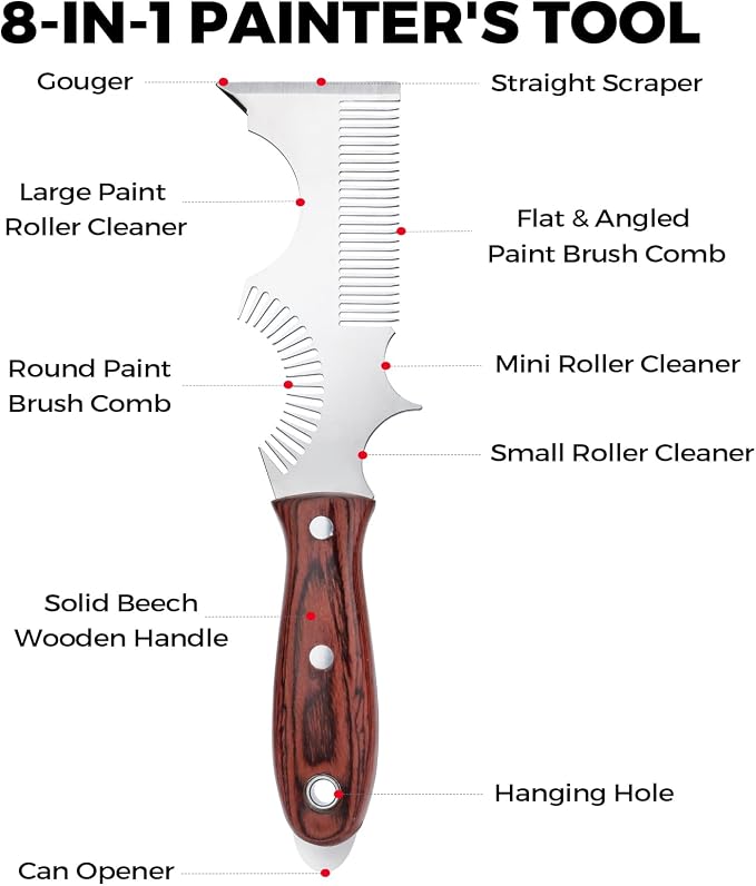 8-in-1 Paint Brush Comb and Paint Roller Cleaner Tool | with Can Opener, Solvent-Resistant Stainless Steel Teeth, Beech Wooden Handle, Putty Scraper,All Paintbrush & Roller Cleaning