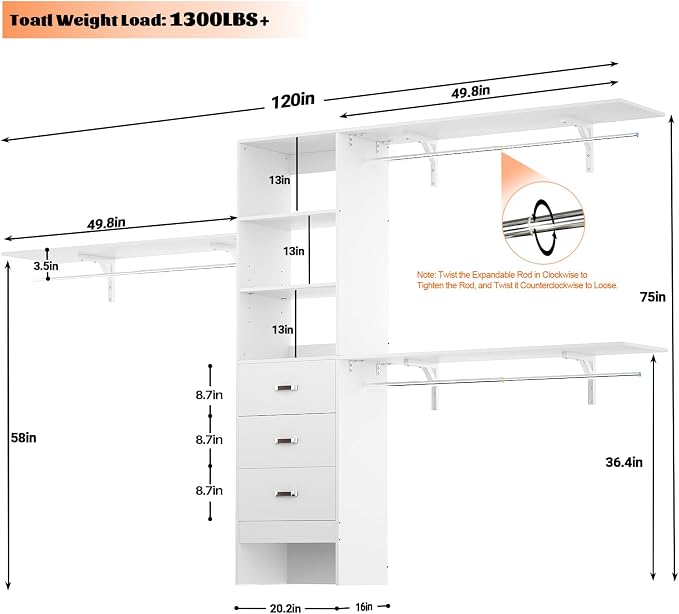 Armocity 120 Inches Closet System, 10FT Walk In Closet Organizer with 3 Shelving Towers, Heavy Duty Clothes Rack with 3 Drawers, Built-In Garment Rack, 120" L x 16" W x 75" H, Max Load 1300 LBS, White