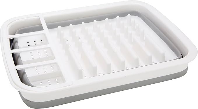 Kitchen Details Collapsible Dish Drying Rack | Space Saver | Aerated Bases Drain Holes | Plates, Bowls, Utensils Compartments | Countertop and Sink Storage | White/Grey