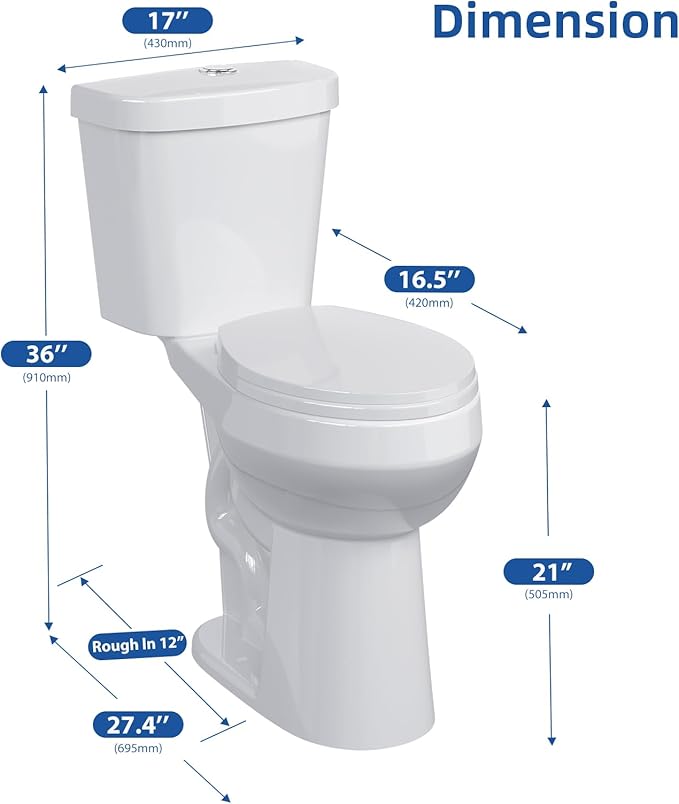 Two-Piece Round Toilet, 21" ADA Comfort Height with Powerful 1.1/1.6 GPF Dual Flush, 12" Rough-In, White Bathroom Toilet for Senior Accessibility