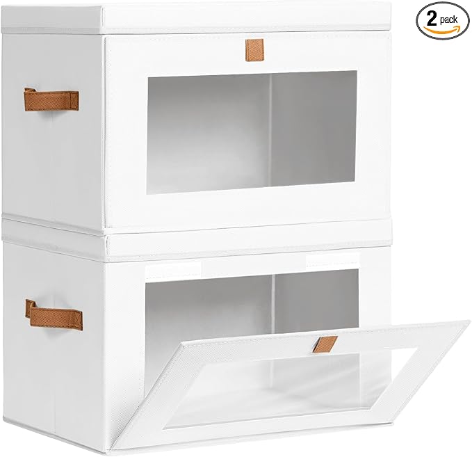 Homsorout Large Clothing Storage Bins - Collapsible Boxes with Handles & Window, Decorative Organizer Bins with Lids, Fabric Containers for Living Room, Dorm, 2 Pack, White