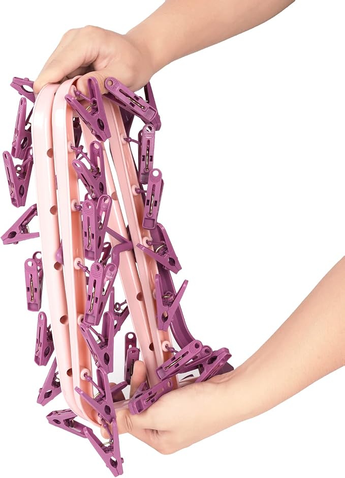Foshine Clothes Drying Racks Foldable Clip Hangers Plastic with 32 Clips | Wind-Proof Hook Underwear Hanger For Socks Bras Pink